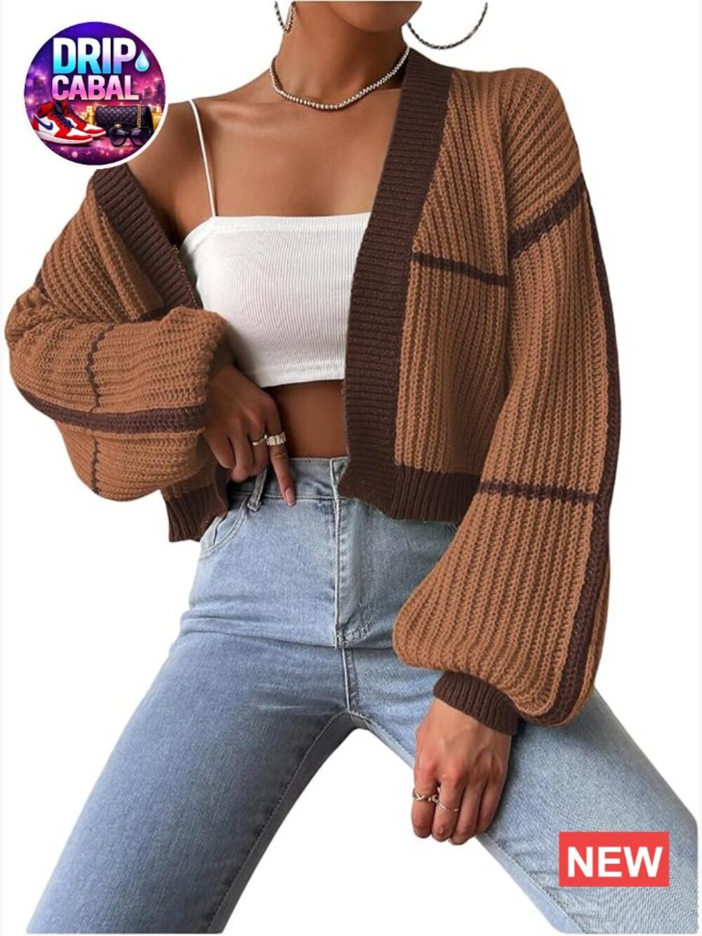 Color Block Crop Cardigan Bishop Long Sleeve Open Front Sweater Acrylic